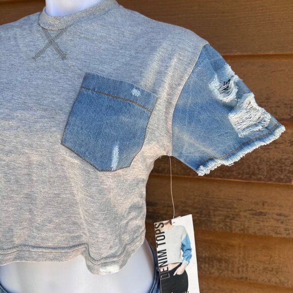 Thrill Jeans Cropped Tee With Distressed Denim Sleeves & Pocket Gray/Blue Womens - Picture 10 of 10